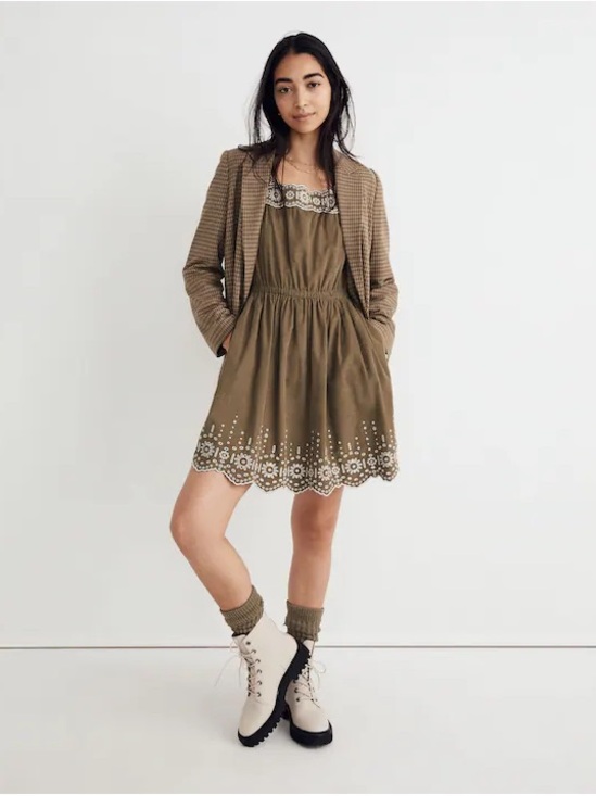 Madewell Dresses & Skirts - Madewell Embroidered Corduroy Square Neck Mini Dress Women’s XL Olive Gr